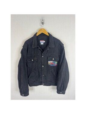 Vintage 90s Bugle Boy XX Jeans Mens M Black Denim Trucker Jacket Patch Work
